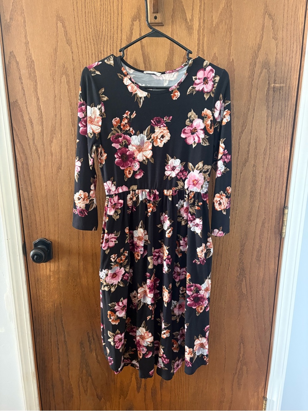 First Looks Black Midi Dress with Pink and Cream Floral Print